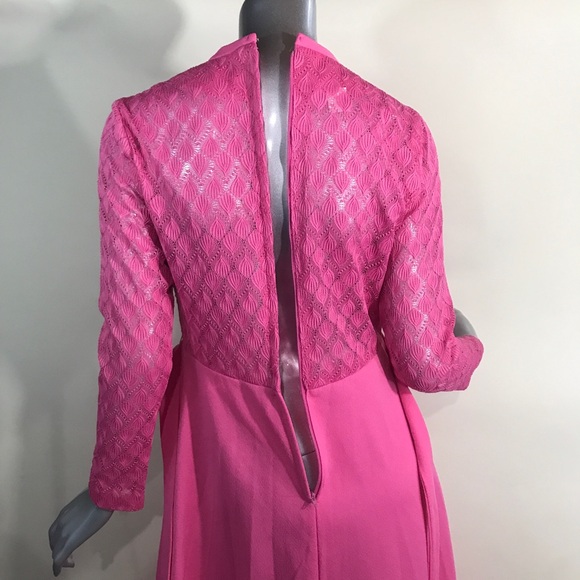 VINTAGE 70s Hot Pink Formal Maxi Dress Lace Crew Neck Long Sleeve Small Medium - Picture 10 of 16